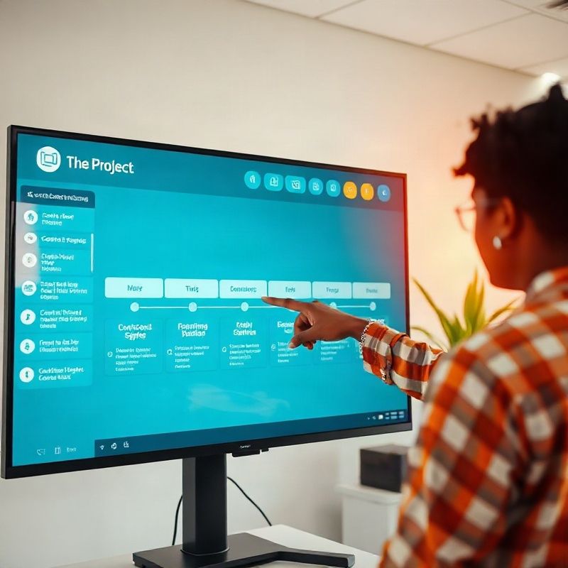 A project management board on a large monitor showing content pipeline stages