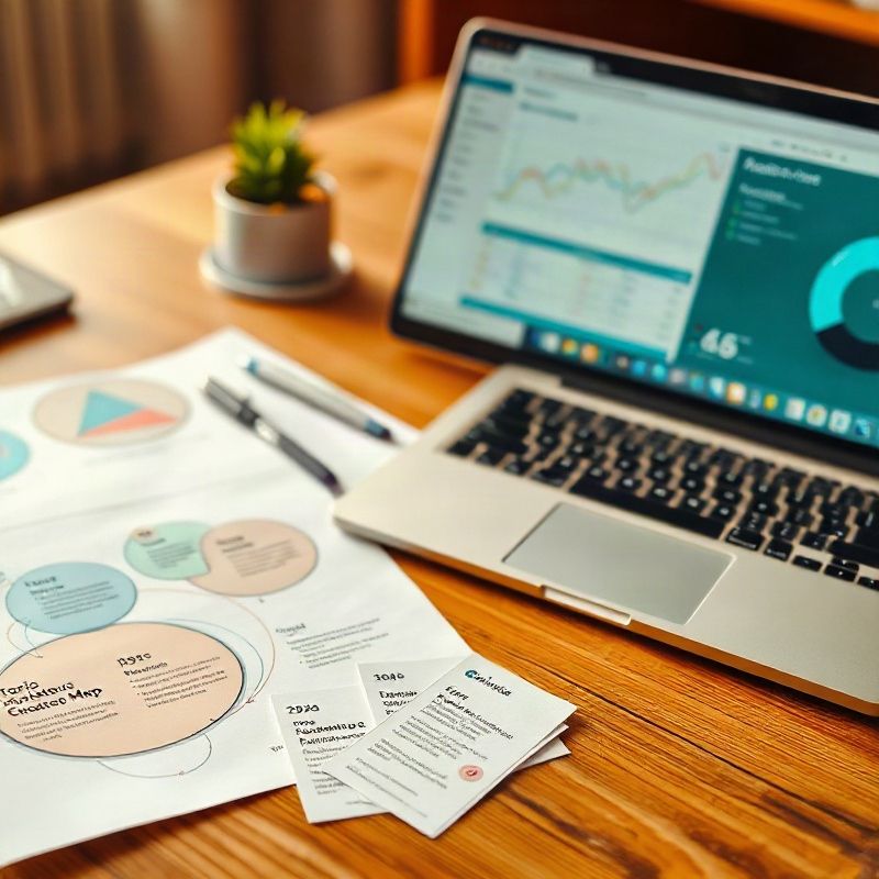 A strategist's desk with a printed topic cluster map, persona cards, and an analytics dashboard