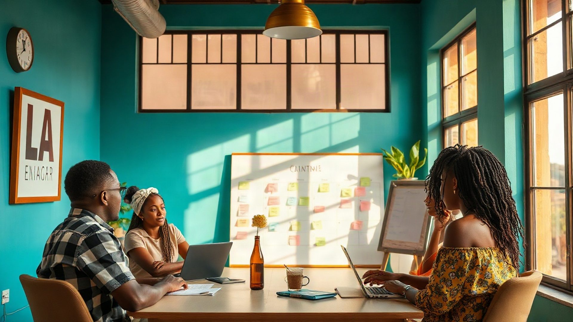 A content team gathered around a whiteboard covered in editorial calendar sticky notes in a bright Thika office